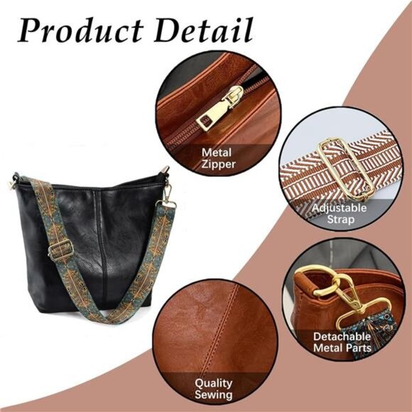 Hobo Bags Vegan Leather Crossbody Bag Guitar Strap Shoulder Purses with Zipper - Picture 5 of 6